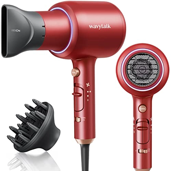 Wavytalk 1875W Ionic Salon Hair Dryer with Diffuser Professional Blow Dryer for Curly Hair with Ceramic Technology Fasting Drying Light and Quiet, Red
