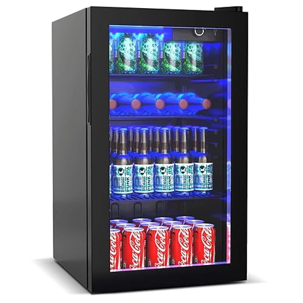 COSTWAY 120 Can Mini Beverage Fridge, Freestanding Beverage Refrigerator Cooler with Glass door, Removable Shelf for Soda Beer Wine, Small Drink Fridge for Home Bar Living Room Bedroom, 3.2 cu.ft