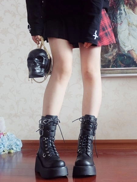 [$84.00]Black Lace-up Closure Buckle Straps Platform Boots