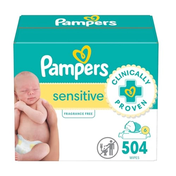 Pampers Sensitive Baby Wipes, Water Based, Hypoallergenic and Unscented, 6 Flip-Top Packs (504 Wipes Total)