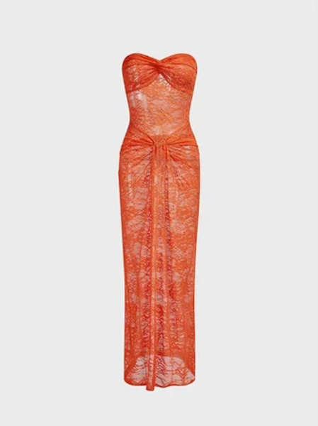 Lace Up Strapless Lace Sleeveless Maxi Dress