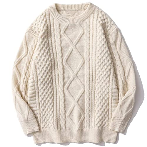 Aelfric Eden Mens Long Sleeve Van Gogh Printed Cable Knit Sweaters Casual Oversized Sweater Pullover - X-12 Khaki - Medium