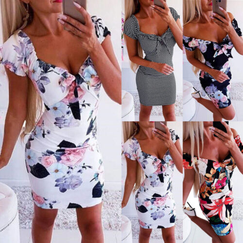 Sexy Damen Drucken Minikleid Slim Partykleid V-Neck Sommerkleid Freizeitkleid DE  | eBay