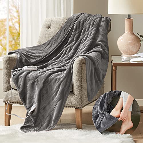 Large Heated Blanket with Foot Pocket, Machine Washable Extremely Soft and Comfortable Electric Blanket Throw with 3 Heating Settings and auto Shut-Off, Grey (60 x 70) - Foot Throw 60x70" - Grey