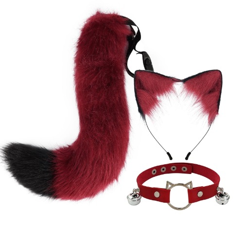 Sly Fox Tail Ear & Collar Set - Red & Black