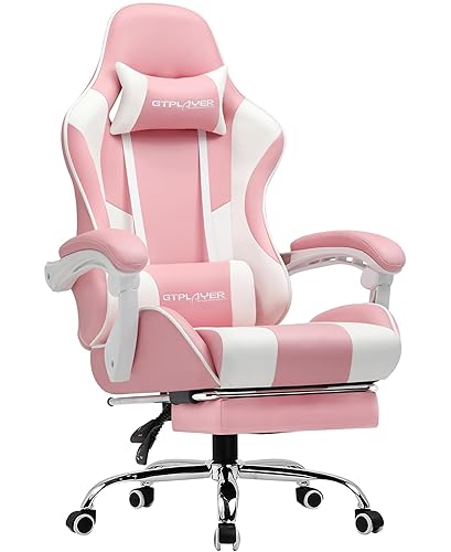 GTPLAYER Gaming Chair, Computer Chair with Footrest and Lumbar Support, Height Adjustable Game Chair with 360°-Swivel Seat and Headrest and for Office or Gaming (Faux Leather, Pink)