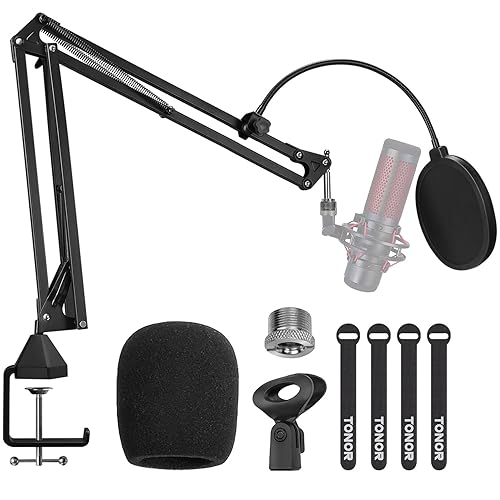Microphone Arm Stand, TONOR Adjustable Suspension Boom Scissor Mic Stand with Pop Filter, 3/8" to 5/8" Adapter, Mic Clip, Upgraded Heavy Duty Clamp for Hyperx Blue Yeti Rode Elgato etc. Mics (T20) - 13.8inch length