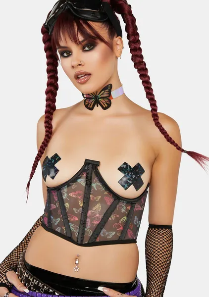 Lavish Neon Butterfly Print Mesh Open Cup Waist Cincher | Small