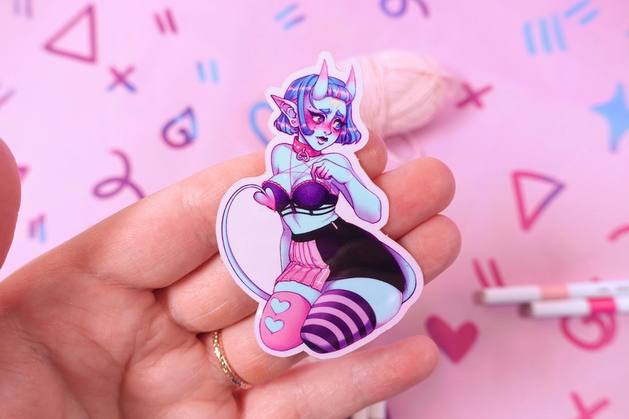 Shy E girl Blushing thicc Amai Demon girl Kawaii Vinyl clear Sticker