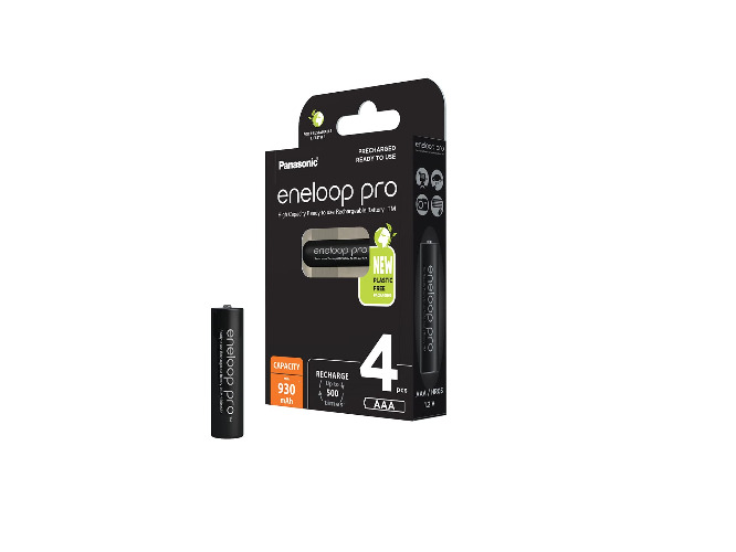 Panasonic BK-4HCDE/4BE eneloop pro Ready-to-Use Ni-MH batterijen, AAA/Micro,min. 930 mAh, levensduur van 500 laadcycli, met geringe zelfontlading, oplaadbare in plasticvrije verpakking,4-pack,zwart