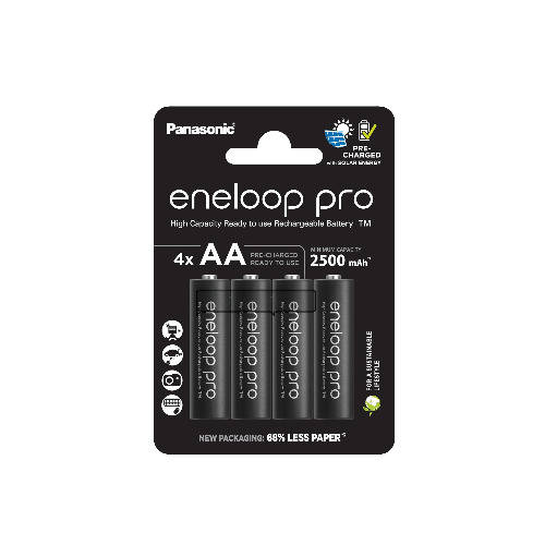 Panasonic eneloop pro, AA/Mignon herlaadbare batterijen, Ready-to-Use, 4-pack, min. 2500 mAh, 500 laadcycli, met geringe zelfontlading, oplaadbare in plasticvrije verpakking, Ni-MH batterij