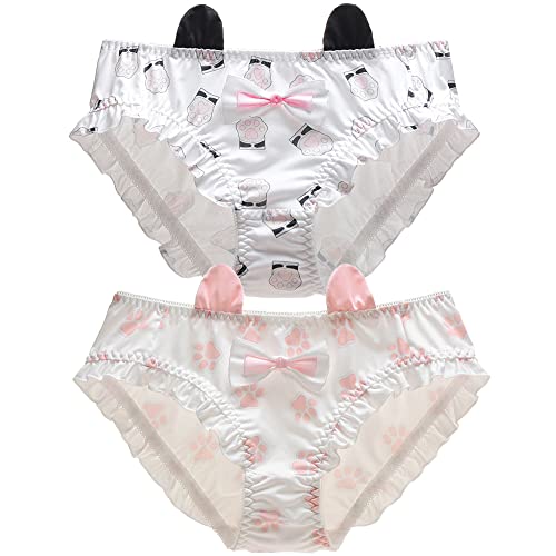 KINCOSONE Womens Bikini Panties Japanese Lingerie Briefs 2 Pack Kawaii Cosplay Underwear - One Size - Black and Pink Cat Paw