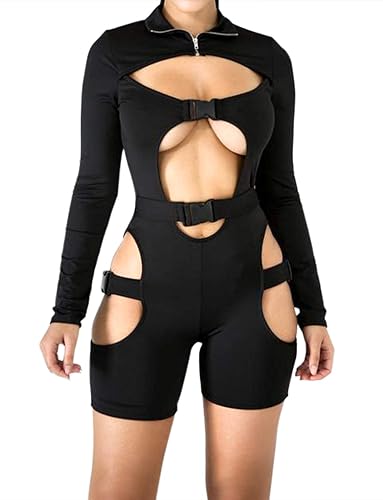 VWIWV Women Long Sleeves Jumpsuit Bodycon Buckle Romper Sexy Hollowing Out Bodysuit Short Jumpsuit Pants - X-Small - Black