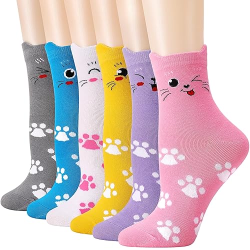 taonganui 6 Paar Katzensocken Cat Socken Damen EU 39-42, Baumwolle Socken für Damen Lustige Tiermuster Süß Damensocken Katzen Socken Crew Socken für Geburtstags und Weihnachts
