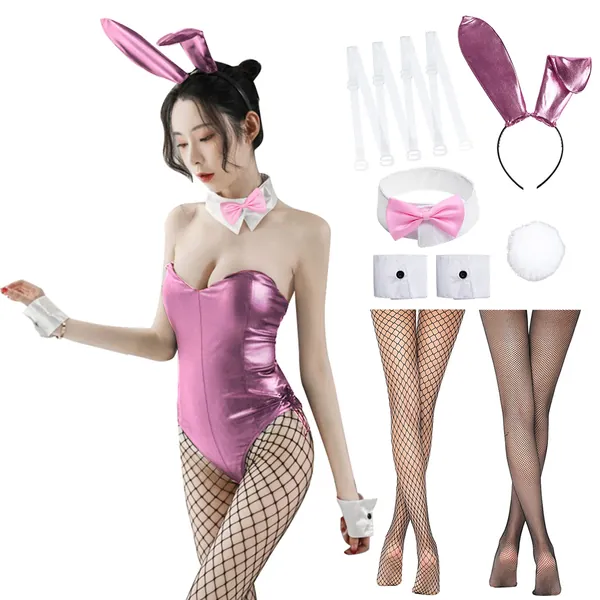 Alaiyaky Bunny Girl Senpai Cosplay Frauen, 12Pcs Hase Maid Outfit Sexy Bunny Bodysuit mit Dessous Hasenohren und Netzsocken, Bunny Girl Outfit für Halloween Weihnachten Cosplay Partys
