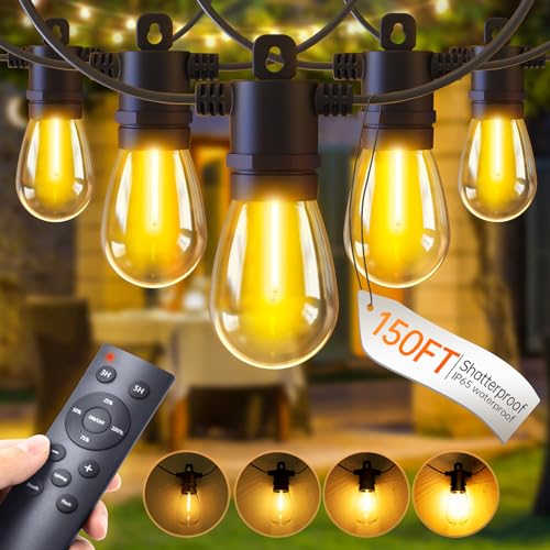 UIONVO 150FT Outdoor Patio String Lights - Remote Dimmable Hanging Lights with 47 Shatterproof LED Edison Bulbs, 3 Light Modes 2 Timing Function Outside Lighting for Garden Cafe Porch Backyard - 150FT