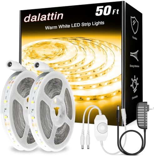 dalattin Warm White LED Strip Lights 50ft, Led Lights Strip Dimmable Bright 24V 3000K, 900 LEDs Lights for Bedroom, Mirror, Kitchen, Strong Adhesive（2 Rolls of 25ft） - Warm White - 50FT