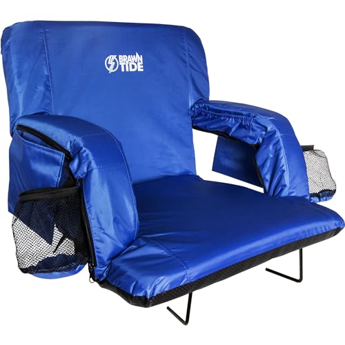 BRAWNTIDE Stadium Seat with Back Support - Comfy Cushion, Thick Padding, 2 Steel Bleacher Hooks, 4 Pockets, 2 Cup Holders, Reclining Back, Ideal Chair for Sport Events, Beaches, Camping, Concerts - Wide - Width 22.5 Inches - Blue - 1