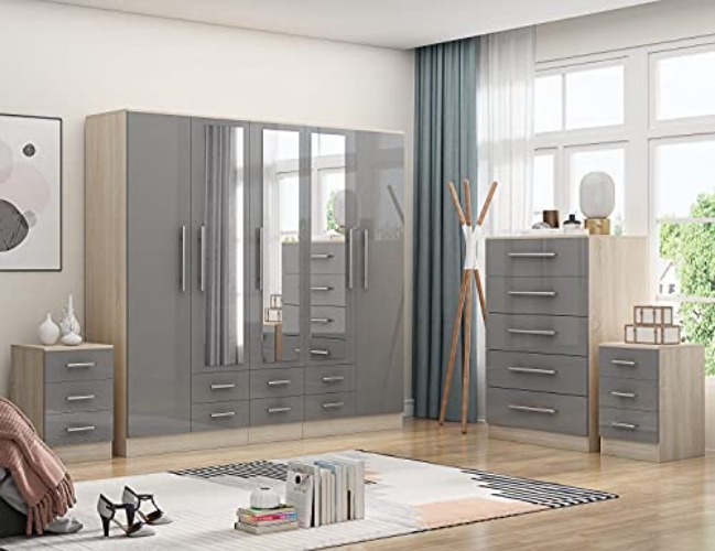 Unique Furnishings LARGE 5 DOOR GREY FITMENT WARDROBE + 1X BEDSIDE TABLE IN HIGH GLOSS GREY