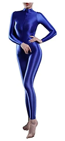Yaaapiy Woman's yoga Sheer Shiny Bodystocking yoga motion Lingerie Skin Tight Elastic High Neck Long Sleeve Zipper Crotch Bodysuit Catsuit - Blue