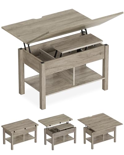 KIMENICH Lift Top Coffee Table, 3-in-1 Multifunctional Living Room Table with Hidden Storage, Converted into Dining Table, Height Adjustable, Living Room, Office, Gray - Grey
