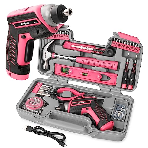 Hi-Spec Caja de Herramientas con Destornillador Electrico USB de 3.6V Rosa de 35 Piezas. Juego de Herramientas para Reparacion, Matenimiento y Bricolaje del Hogar, Oficina, y Taller. - Rosa