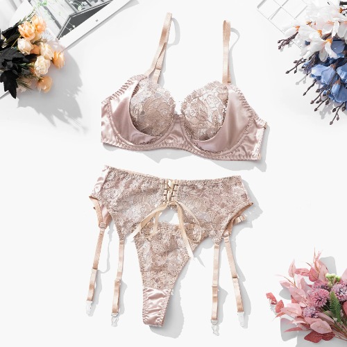 Fancy Lingerie Floral Embroidery Satin Underwear Delicate Erotic Sets Sexy Intimate Goods Sissy See Through Outfit - Apricot / L