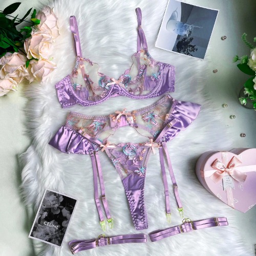 Ruffle Erotic Lingerie Floral Intimate Set Transparent Lace Sexy Fantasy Underwear Luxury Attractive Pushup Bra Outfits - Purple / L