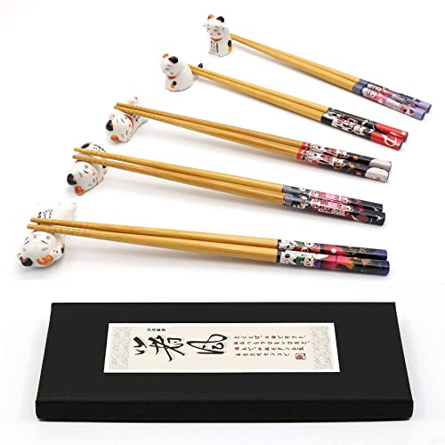 Essstäbchen und Essstäbchen Rest Set, Lucky Cat Essstäbchenhalter 5 Katzen, Klassische japanische Bambus natürliche Wiederverwendbare Essstäbchen, Set 5 Paare - A