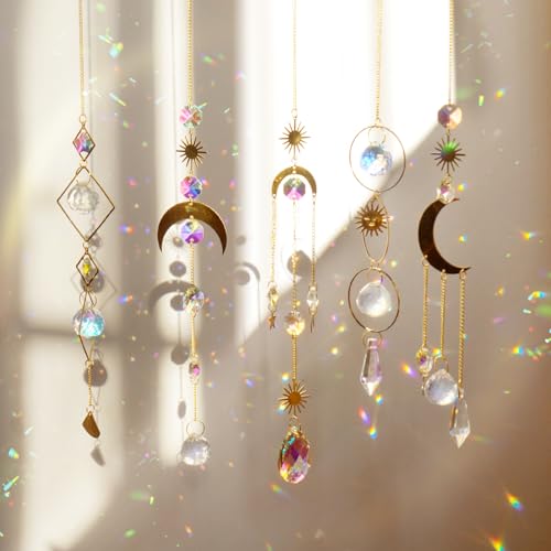 nuyikaso 5 Stück Sonnenfänger Kristall Hanging Windspiel Regenbogen Sonnen Mond Anhänger Kristalle Ornament Kristallkugeln für Fenster Haus Garten Weihnachten Tag Party Hochzeit Dekoration - 5 Stück Goldene