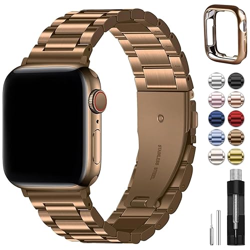 Fullmosa Compatible with Apple Watch Band 49mm 45mm 44mm 42mm 41mm 40mm 38mm, Stainless Steel iWatch Band with Case Compatible for Apple Watch Ultra 2 Ultra Series 10 9 8 7 6 5 4 3 2 1&iWatch SE - Gold and Coffee - 42mm 44mm 45mm