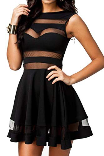 Zeagoo Damen Sexy Hohe Taille Partykleid Festlich Cocktailkleid Bodycon MiniKleid Mesh Eng A-Linie Kleid Clubwear - L - Schwarz