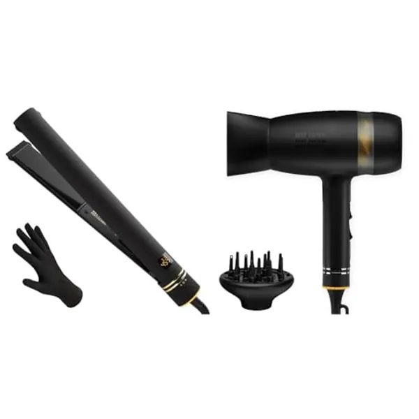Hot Tools Pro Artist Black Gold Evolve Ionic Salon Hair Flat Iron | Long-Lasting Finish for Straightening Hair, (1-1/4 in) & Pro Artist Black Gold Quietair Power Dryer | Powerful Zen Drying Experience