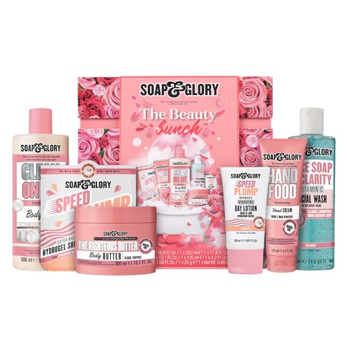 Soap & Glory The Beauty Bunch Gift Set - Clean On Me Body Wash, The Righteous Butter Body Butter, Hand Food Hand Cream, Face Soap & Clarity, Speed Plump Day Cream & Mask (6 Count)