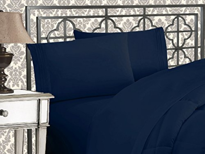 Elegant Comfort Luxurious 1500 Thread Count Egyptian Quality Three Line Embroidered Softest Premium Hotel Quality 4-Piece Bed Sheet Set, Wrinkle and Fade Resistant, Queen, Navy Blue - Queen - Navy Blue
