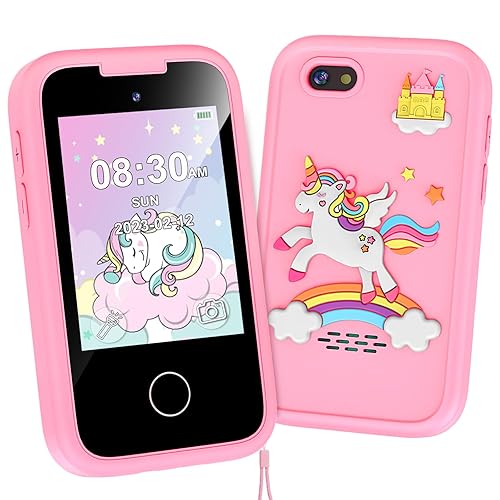 Kids Phone for Girls Toys, Unicorns Gifts for 3-10 Year Old Girls Boys Christmas Birthday Kids Toys, Touchscreen Toddler Learning Cell Toy Phone with Dual Camera, Game, Music Player, 8G SD Card (Pink) - Pink
