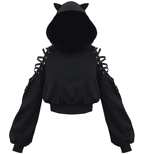 Womens Cat Ear Hoodie Sweatshirt Long Sleeve Sweater Off Shoulder Cat Cute Crop Top Hoodies Pullover - X-Large - Black 01