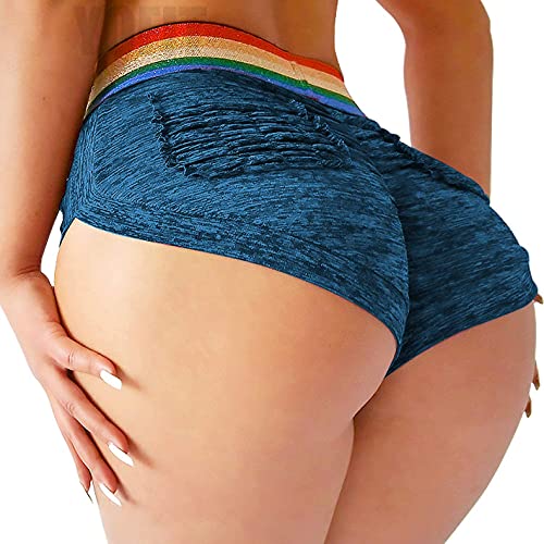 YOFIT Booty Shorts for Women Sexy Slutty Butt Scrunch Twerk Shorts Daisy Dukes Cute Athleisure Shorts - #0 Booty Cut Rainbow Waist - Blue - X-Large