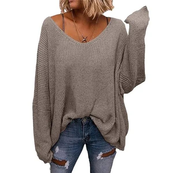 BZB Women's V Neck Long Sleeve Knit Loose Oversized Pullover Sweater Top