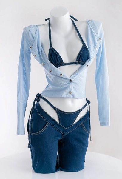 Sexy Lingerie Set Denim Lace-up Bra and Panty with Trousers and Cardigan Outfits