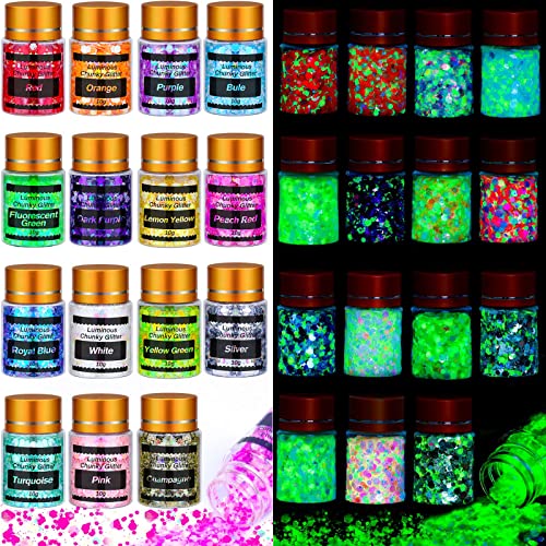 Glow in The Dark Body Eye Glitter, Cridoz 15 Colors High Luminous Face Glitter Cosmetic Eyeshadow Glow Glitter for Hair Eyeshadow, Festival Carnival Party Halloween Makeup - Glow in the Dark Glitter