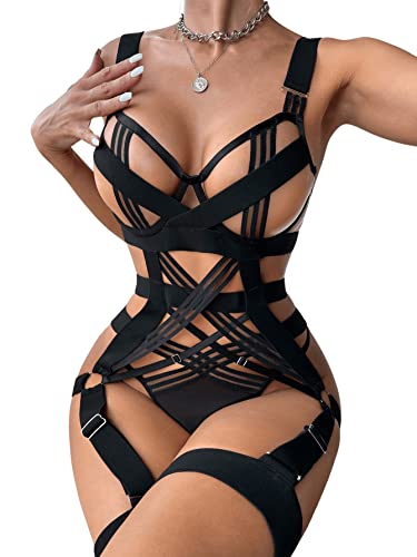 SOLY HUX Lingerie Set for Women 4 Piece Cutout Underwire Lingerie Set Bra and Panty with Leg Ring - Medium - Solid Black