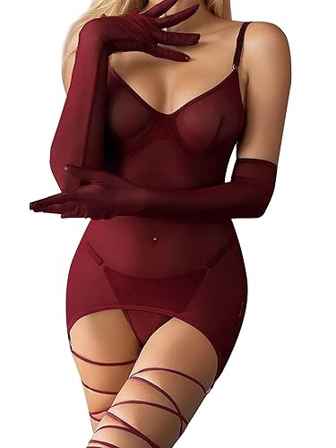 popiv Women Sexy Lingerie Set Sheer Mesh Lace Bodysuit Teddy Lingerie with Leg Wraps - Wine - Small