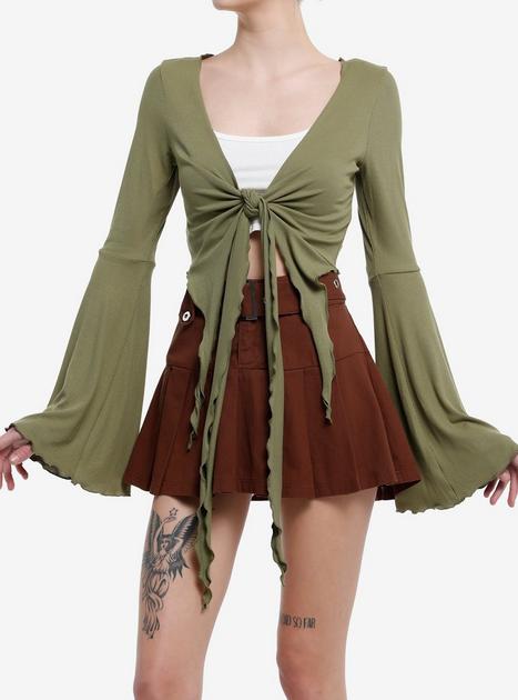 Thorn & Fable Green Tie-Front Girls Bell-Sleeve Crop Top | Hot Topic