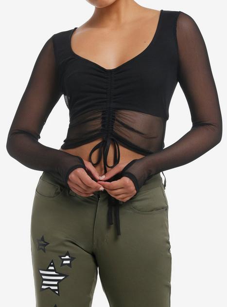 Social Collision Black Mesh Cinch Girls Crop Long-Sleeve Top | Hot Topic