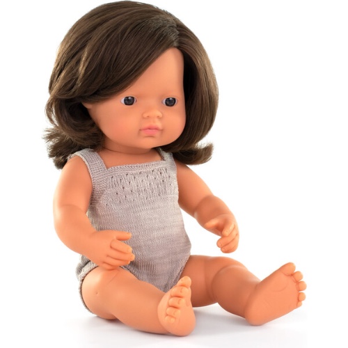 Colourful Edition Collection - Baby Doll Caucasian Brown Hair Girl 15" (grey rompers) - Miniland Dolls & Doll Accessories | Maisonette