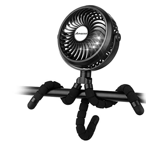 AMACOOL Battery Operated Stroller Fan Flexible Tripod Clip On Fan with 3 Speeds and Rotatable Handheld Personal Fan for Car Seat Crib Bike Treadmill (Black) - Black
