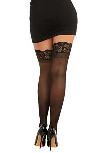 Dreamgirl womens Sheer Thigh High Pantyhose, Hosiery, Nylons, Stockings With Comfort Lace Top Anti-slip Silicone Elastic Band - One Size - Black