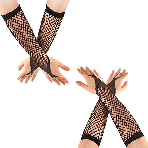 Ypser Women's Long Fishnet Mesh Gloves Nylon Lace Fingerless with Finger Loop - 2pc Black