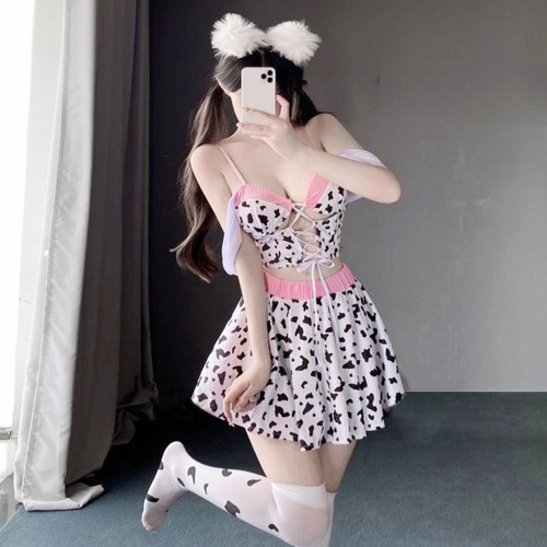 Cow Print Erotic Cowgirl Lingerie - Pink / M